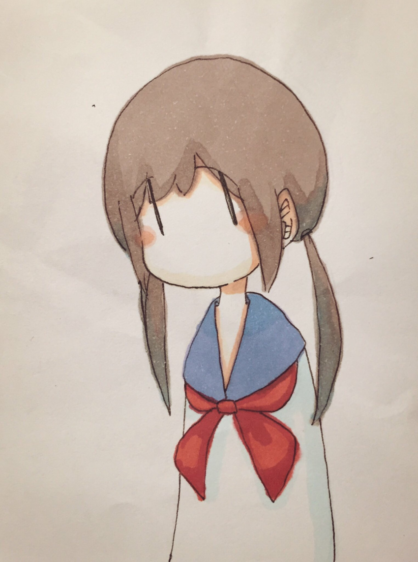 1girl bangs blue_sailor_collar blush brown_hair commentary highres long_hair looking_at_viewer low_twintails neckerchief no_mouth no_nose original painting_(medium) red_neckerchief sailor_collar sailor_shirt school_uniform serafuku shirt sidelocks simple_background solo tokunaga_aoi traditional_media twintails upper_body watercolor_(medium) white_background white_shirt |_|