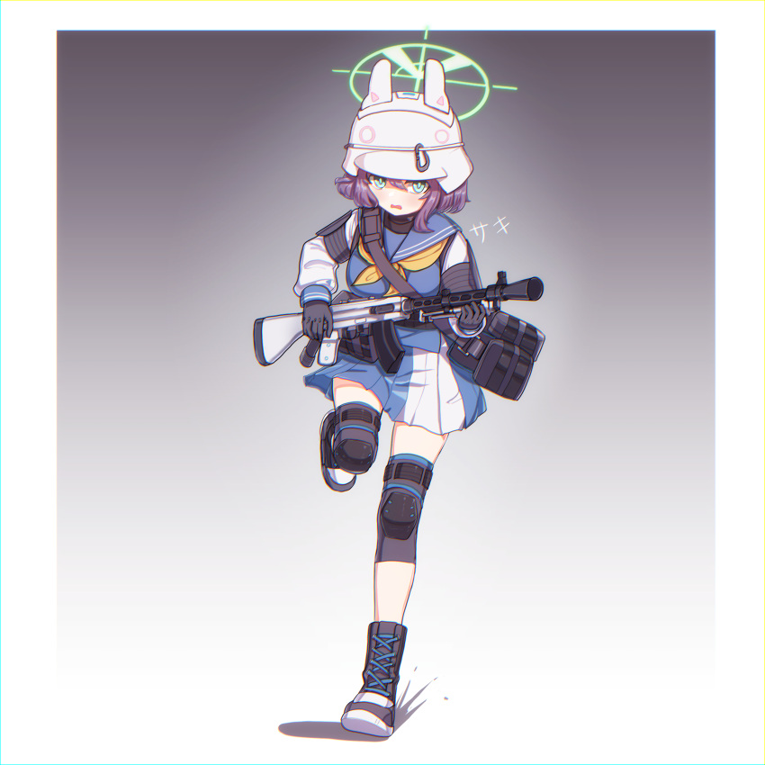 1girl absurdres black_hair blue_archive blue_eyes boots breasts commentary_request gloves gun halo helmet highres jonasmk knee_pads lahti-saloranta_m/26 large_breasts leg_up light_machine_gun looking_at_viewer rifle running saki_(blue_archive) school_uniform short_hair simple_background solo tactical_clothes weapon