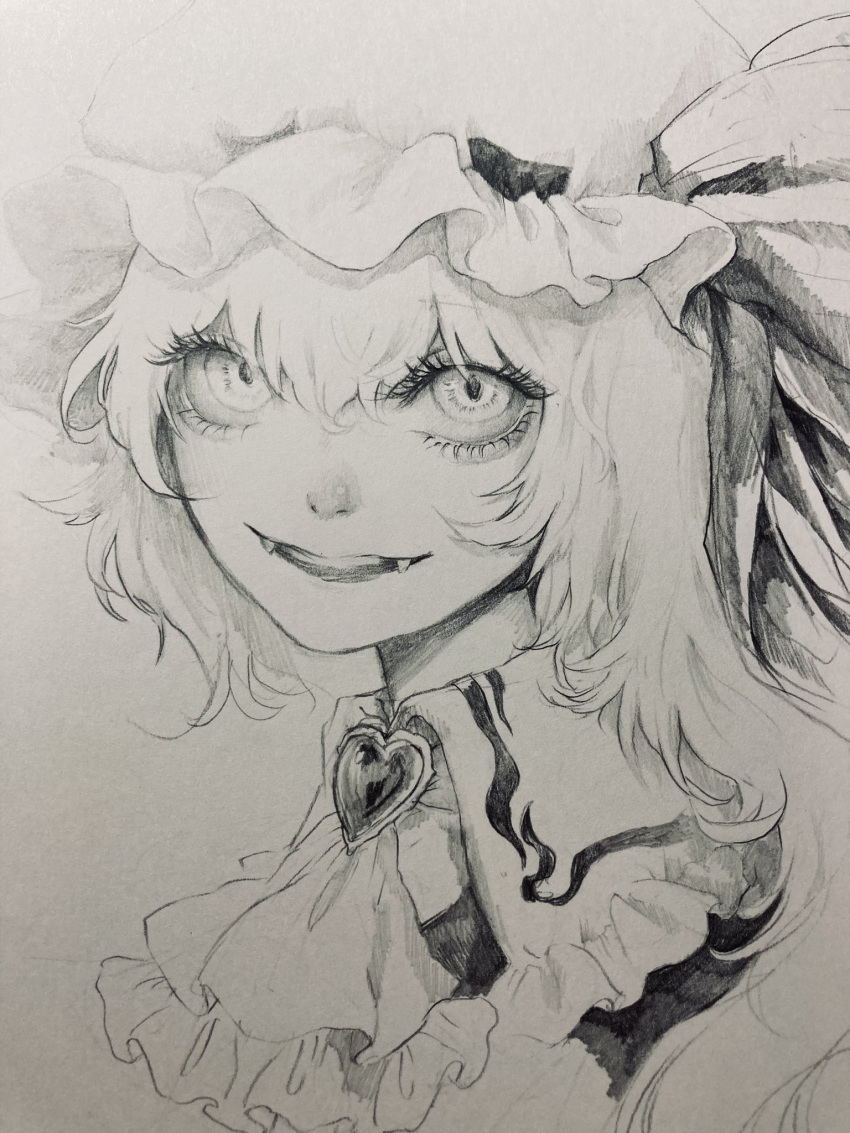 1girl ascot bangs brooch eyebrows_hidden_by_hair eyelashes fangs flandre_scarlet frilled_shirt_collar frills hair_between_eyes hat heart highres jewelry johnalay mob_cap monochrome nostrils one_side_up portrait sketch smile solo touhou traditional_media