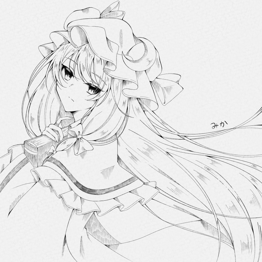1girl bangs book bow closed_mouth commentary crescent crescent_hat_ornament hair_bow hat hat_ornament hat_ribbon highres holding holding_book light_frown long_hair mikan_763 mob_cap monochrome patchouli_knowledge ribbon robe signature sketch solo touhou upper_body very_long_hair watermark wide_sleeves