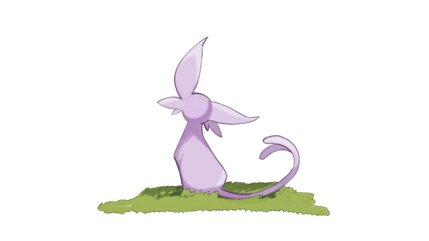 animal_focus commentary day espeon facing_away forked_tail from_behind full_body grass highres no_humans on_ground outdoors pokemon pokemon_(creature) simple_background sitting solo tail takashi_(pixiv_80298118) white_background