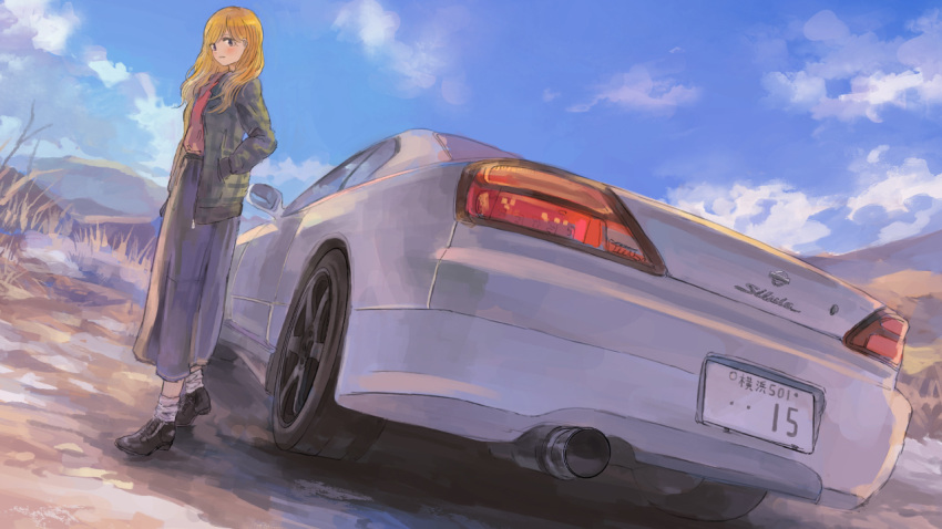1girl black_footwear blonde_hair blue_skirt blue_sky car clouds commentary_request day full_body green_jacket jacket license_plate long_hair long_sleeves looking_at_viewer momo_hiki motor_vehicle nissan nissan_silvia original outdoors red_shirt shirt shoes skirt sky socks solo standing tail_lights vehicle_focus white_socks