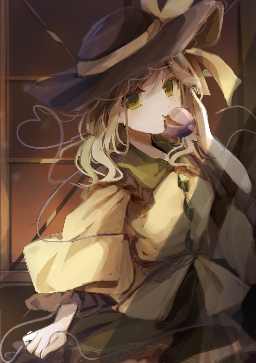 1girl bad_id bad_pixiv_id black_headwear blouse bow buttons commentary diamond_button frilled_shirt_collar frilled_sleeves frills green_eyes green_hair green_skirt hair_between_eyes hand_up hat hat_bow heart heart_of_string highres holding komeiji_koishi long_sleeves looking_at_viewer medium_hair ori_0715 shirt skirt solo third_eye touhou upper_body wide_sleeves window yellow_bow yellow_shirt