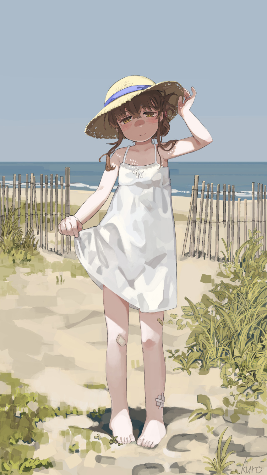 1girl absurdres blush brown_eyes closed_mouth day dress full_body hat highres inazuma_(kancolle) kantai_collection kuro4221 looking_at_viewer ocean short_hair short_ponytail smile solo standing straw_hat sun_hat white_dress