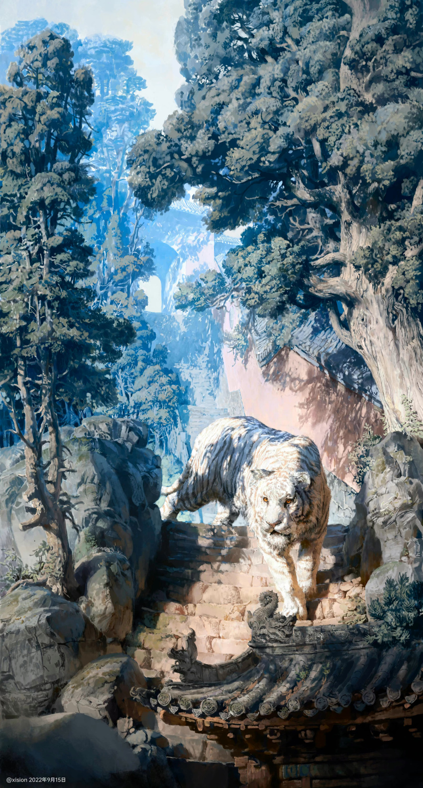 absurdres animal architecture artist_name building commentary dated_commentary day east_asian_architecture highres no_humans original outdoors oversized_animal rock sky stairs tiger traditional_media tree white_tiger xision_wu