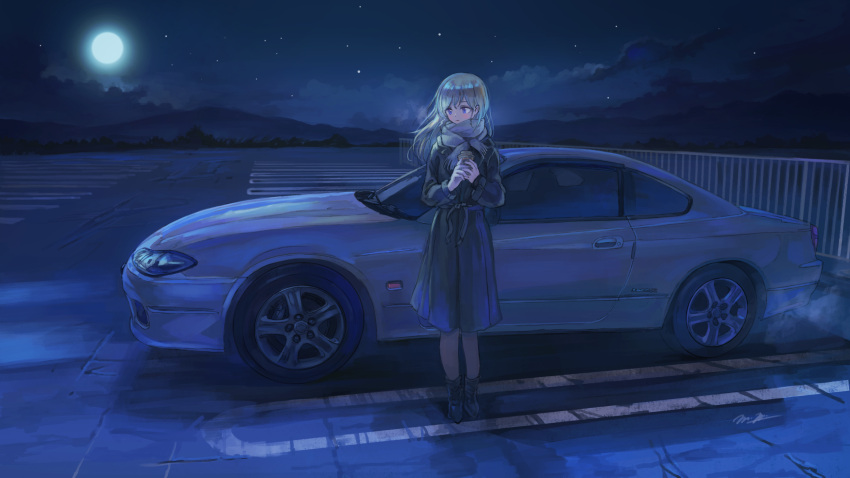 1girl ankle_boots bangs black_dress black_footwear blue_eyes boots clouds commentary_request cup disposable_cup dress drink fence full_body full_moon highres holding holding_cup holding_drink light_brown_hair long_hair long_sleeves momo_hiki moon mountainous_horizon night night_sky original outdoors parking_lot scarf sky solo standing star_(sky) starry_sky vehicle_focus vehicle_request white_scarf