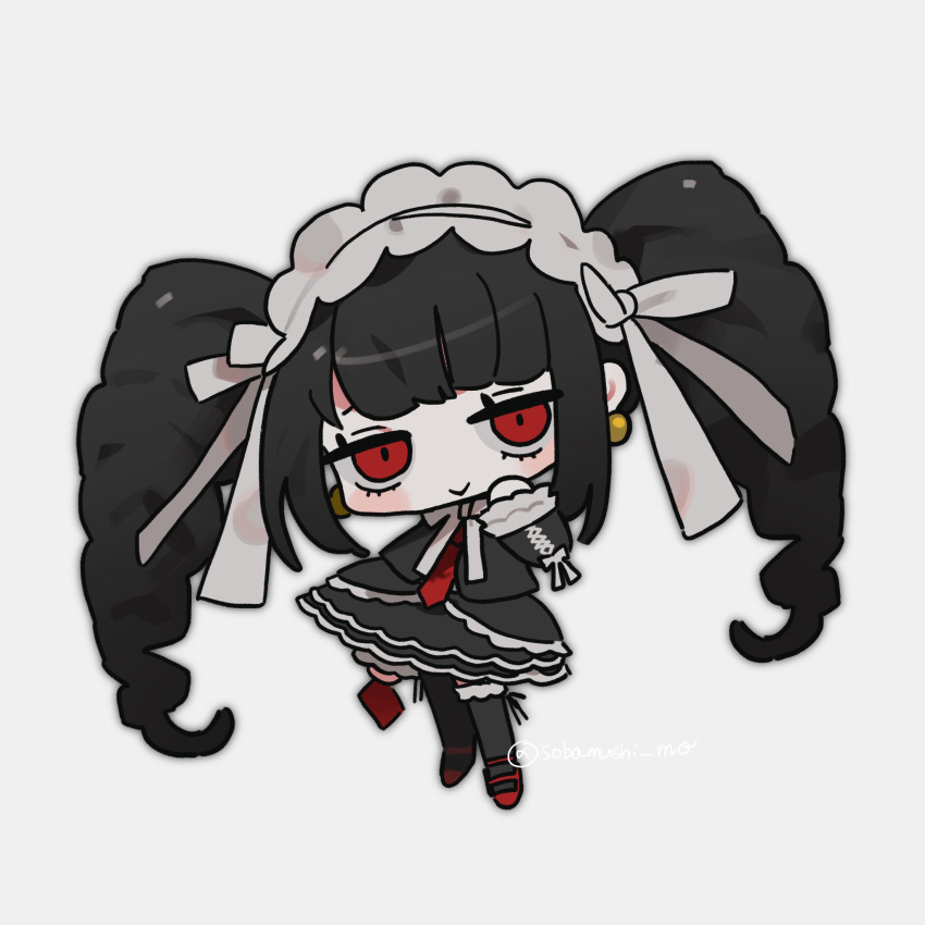 1girl bangs black_hair black_jacket black_skirt black_thighhighs bonnet celestia_ludenberg chibi danganronpa:_trigger_happy_havoc danganronpa_(series) drill_hair earrings frills gothic_lolita grey_background hand_up highres jacket jewelry layered_skirt lolita_fashion long_hair long_sleeves looking_at_viewer necktie red_eyes red_footwear red_necktie shoes simple_background skirt sobamushi_mo solo thigh-highs twin_drills twintails