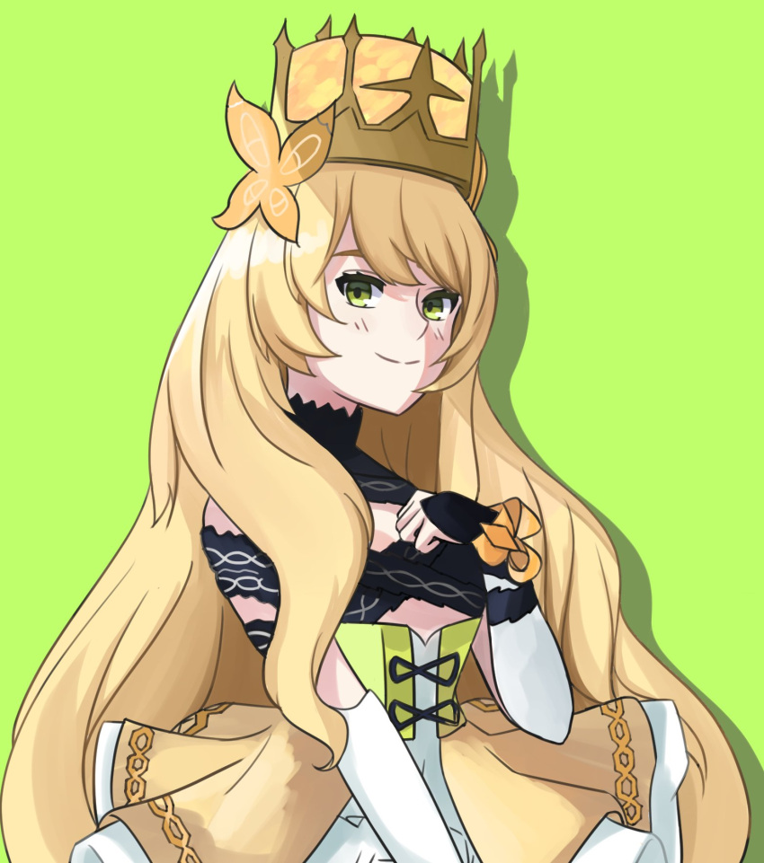 1girl bangs blonde_hair butterfly_hair_ornament celine_(fire_emblem) crown detached_sleeves dress fire_emblem fire_emblem_engage green_background green_eyes hair_ornament highres long_hair looking_at_viewer not_sauce shadow smile solo upper_body very_long_hair