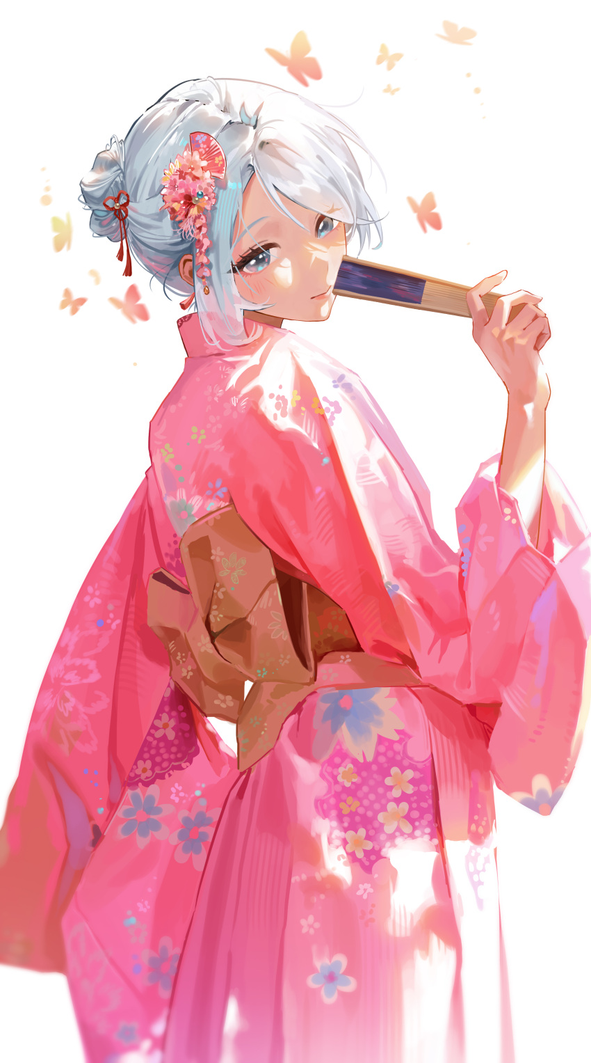 1girl absurdres alternate_costume back_bow bangs bow bug butterfly closed_mouth commentary cowboy_shot floral_print folded_fan folding_fan from_side genshin_impact grey_eyes grey_hair hair_bun hair_ornament hand_fan highres holding holding_fan japanese_clothes kimono long_sleeves looking_at_viewer pink_kimono shenhe_(genshin_impact) short_hair simple_background smile solo sssong_aa white_background wide_sleeves