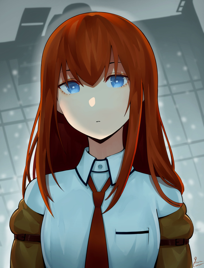 1girl absurdres artist_name bangs blue_eyes blurry blurry_background breast_pocket breasts brown_coat building close-up coat commentary dress_shirt expressionless hair_between_eyes highres long_hair looking_at_viewer loose_necktie makise_kurisu medium_breasts necktie off_shoulder open_clothes open_coat piancaesar pocket portrait red_necktie redhead romaji_commentary satellite shirt signature snowing solo square_pupils steins;gate upper_body white_shirt