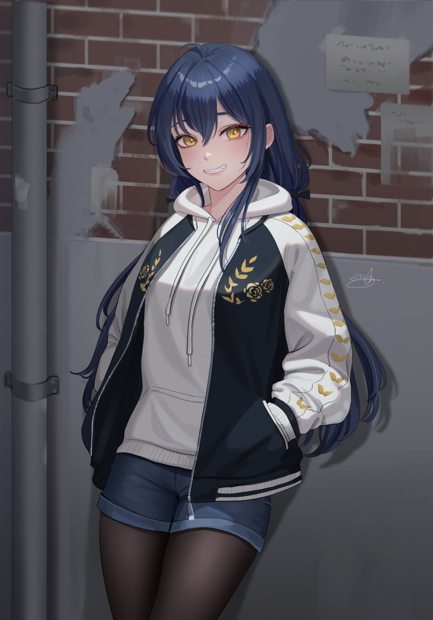 1girl absurdres aendi_en_d_endei against_wall artist_name blue_hair blue_shorts denim denim_shorts drawstring grin hair_between_eyes hands_in_pockets highres hood hoodie jacket long_hair looking_at_viewer multicolored_clothes multicolored_jacket open_clothes open_jacket original pantyhose pantyhose_under_shorts short_shorts shorts signature smile solo sukajan two-tone_jacket white_hoodie yellow_eyes