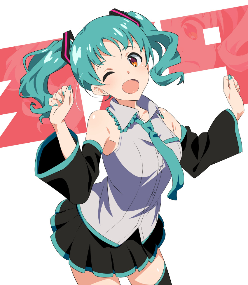 1girl 39 absurdres aqua_hair aqua_necktie bangs black_skirt black_sleeves black_thighhighs blush breasts buttons clenched_hands commentary cosplay detached_sleeves grey_shirt hair_ornament hands_up hatsune_miku hatsune_miku_(cosplay) highres idolmaster idolmaster_million_live! idolmaster_million_live!_theater_days kisaniyav looking_at_viewer medium_breasts medium_hair miku_day necktie one_eye_closed open_mouth pleated_skirt shirt skirt sleeveless sleeveless_shirt smile solo thigh-highs thighs tokugawa_matsuri twintails vocaloid yellow_eyes