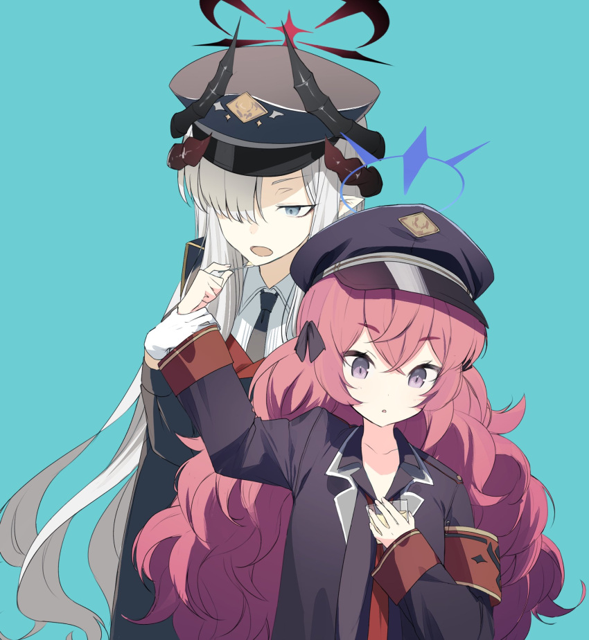 2girls armband bangs black_jacket black_necktie black_shirt blue_archive blue_background blue_eyes collared_shirt crossed_bangs eka_eri food grey_headwear hair_over_one_eye halo hat highres holding_another's_wrist horns iroha_(blue_archive) jacket long_hair looking_down makoto_(blue_archive) military_jacket multiple_girls multiple_horns necktie open_clothes open_jacket open_mouth parted_lips peaked_cap pointy_ears pudding red_armband red_necktie redhead shirt simple_background upper_body violet_eyes wavy_hair white_hair