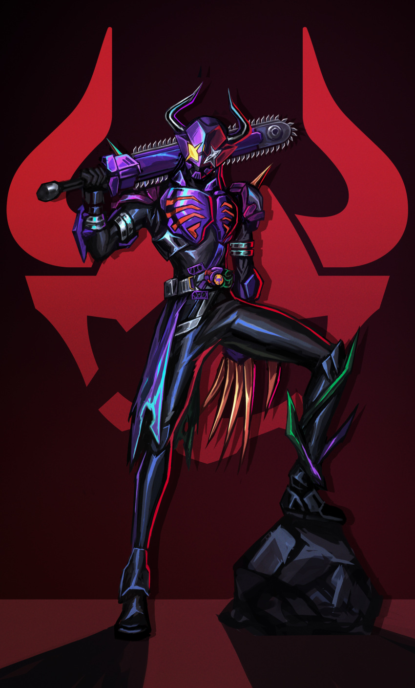 1boy 3ok absurdres black_background black_bodysuit black_footwear black_gloves bodysuit boots buffalo bull cape chainsaw claw_(weapon) cowboy_shot crack desire_driver gloves highres horns imminent_hit jamato_buckle kamen_rider kamen_rider_buffa kamen_rider_geats_(series) knee_spikes logo long_hair looking_at_viewer male_focus mechanical_hands mechanical_parts multicolored_hair plant purple_hair purple_scarf raise_buckle redesign scarf shadow shoulder_spikes single_mechanical_hand spikes stylistic tokusatsu torn_cape torn_clothes vines weapon yellow_eyes zombie_breaker zombie_buckle