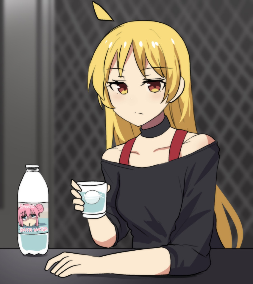 1girl ahoge bangs bar_(place) blonde_hair blurry bocchi_the_rock! bottle cameo choker collarbone comedy commentary cup depth_of_field english_commentary english_text gotou_hitori highres hinghoi holding holding_cup ice ice_cube ijichi_seika leaning_on_table long_hair long_sleeves looking_at_viewer orange_eyes plastic_bottle sidelocks solo table water water_bottle