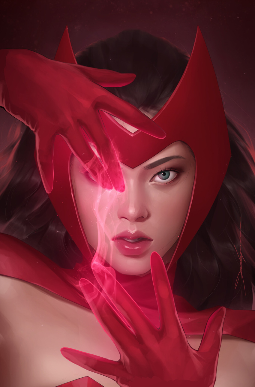 1girl brown_hair clothing_request energy gloves green_eyes highres jee-hyung_lee long_hair looking_at_viewer marvel portrait red_gloves scarlet_witch