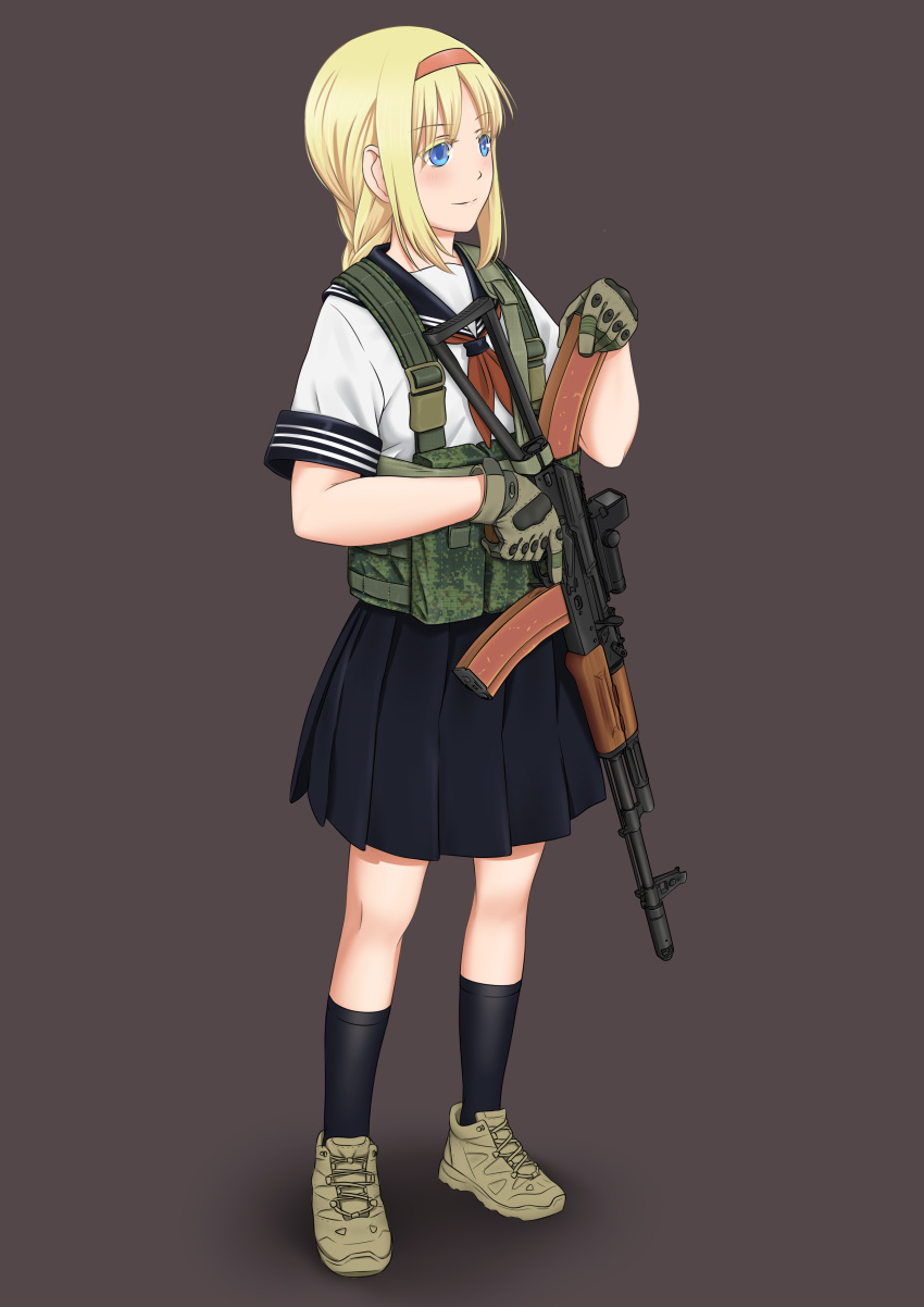 1girl absurdres ak-74 aks-74 ammunition_pouch asobi_asobase assault_rifle bangs black_footwear black_gloves black_socks blonde_hair blue_eyes blue_sailor_collar blue_skirt blush braid braided_ponytail brown_background brown_footwear brown_gloves chest_rig closed_mouth colored_eyelashes commentary cross-laced_footwear digital_camouflage english_commentary full_body gloves gun hairband highres holding holding_gun holding_magazine_(weapon) holding_weapon kalashnikov_rifle long_hair looking_ahead magazine_(weapon) mardjan mixed-language_commentary multicolored_clothes multicolored_gloves neckerchief olivia_(asobi_asobase) optical_sight orange_hairband parted_bangs pleated_skirt pouch red_neckerchief rifle sailor_collar school_uniform serafuku shoelaces shoes simple_background single_braid skirt sleeve_cuffs sling smile socks solo trigger_discipline weapon white_serafuku white_stripes