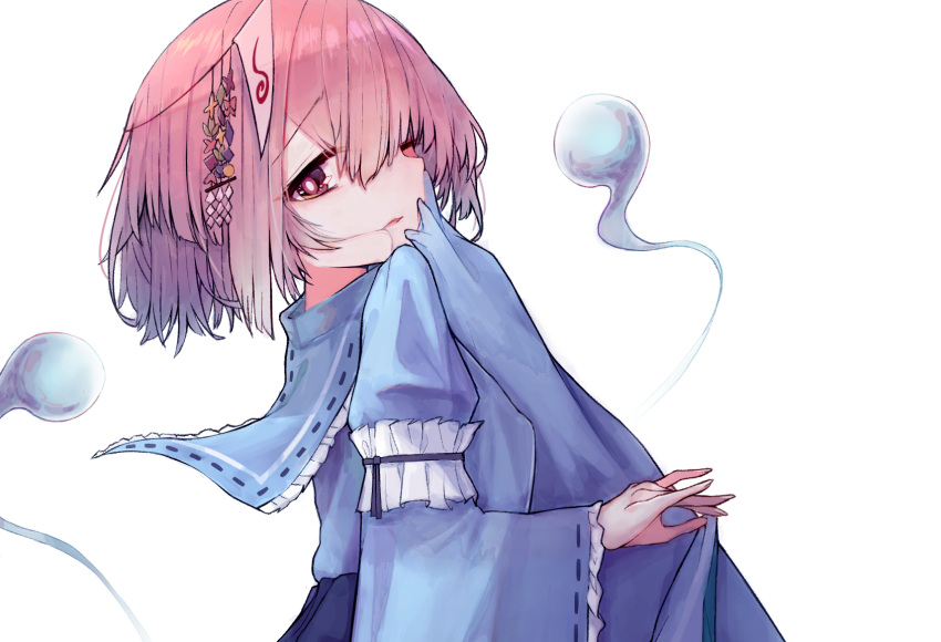 1girl bangs black_ribbon blue_kimono blue_sash fingernails frilled_kimono frilled_sleeves frills from_side hair_between_eyes hair_ornament hand_on_own_cheek hand_on_own_face highres hitodama japanese_clothes kimono long_sleeves looking_at_viewer no_headwear obi one_eye_closed parted_lips pink_eyes pink_hair pixerite ribbon ribbon-trimmed_kimono ribbon-trimmed_sleeves ribbon_trim saigyouji_yuyuko sash short_hair simple_background sleeve_garter sleeves_past_fingers sleeves_past_wrists solo touhou triangular_headpiece upper_body white_background wide_sleeves