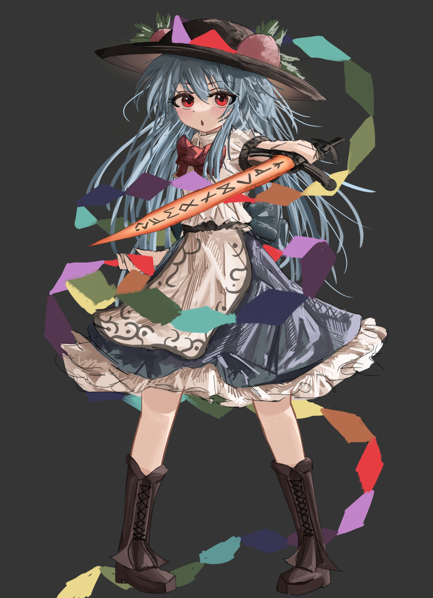 1girl absurdres black_background black_footwear black_headwear blue_hair blue_skirt boots bow bowtie chinese_commentary commentary english_commentary food frilled_skirt frills fruit full_body highres hinanawi_tenshi holding holding_sword holding_weapon leaf long_hair looking_at_viewer open_mouth ougiikun peach rainbow_order red_bow red_bowtie red_eyes simple_background skirt standing sword touhou weapon