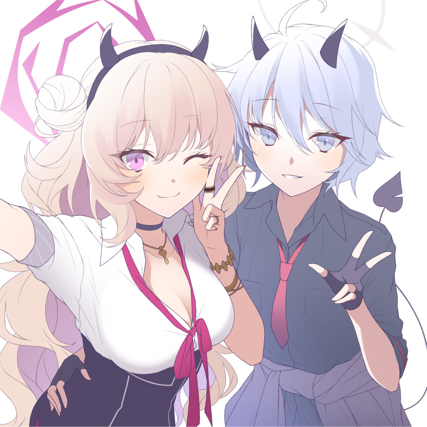 2girls :d ;) ahoge bangs black_gloves blue_archive bow bowtie bracelet brown_hair choker clothes_around_waist collarbone collared_shirt commentary_request demon_girl demon_horns demon_tail erika_(blue_archive) fake_horns fingerless_gloves gloves grey_eyes grey_hair hair_between_eyes hair_bun hairband halo hand_on_another's_hip highres horns jacket jacket_around_waist jewelry kirara_(blue_archive) leaning_forward long_hair long_sleeves looking_at_viewer midorino_eni multiple_girls nail_polish necktie one_eye_closed one_side_up pleated_skirt ring school_uniform selfie shirt short_hair sidelocks simple_background single_side_bun skirt sleeves_rolled_up smile tail v violet_eyes white_background