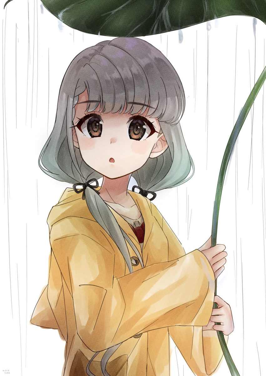 1girl :&lt; ama_mochi bangs black_ribbon blush braid braided_bangs breasts brown_eyes collarbone commentary eyelashes from_side giant_leaf grey_hair hair_ribbon highres hisakawa_nagi holding holding_leaf holding_umbrella hood hood_down idolmaster idolmaster_cinderella_girls idolmaster_cinderella_girls_starlight_stage leaf leaf_umbrella light_blush long_hair long_sleeves looking_at_viewer looking_to_the_side low_twintails open_mouth parted_lips rain ribbon ringed_eyes simple_background small_breasts solo translated twintails umbrella upper_body very_long_hair water_drop white_background yellow_raincoat