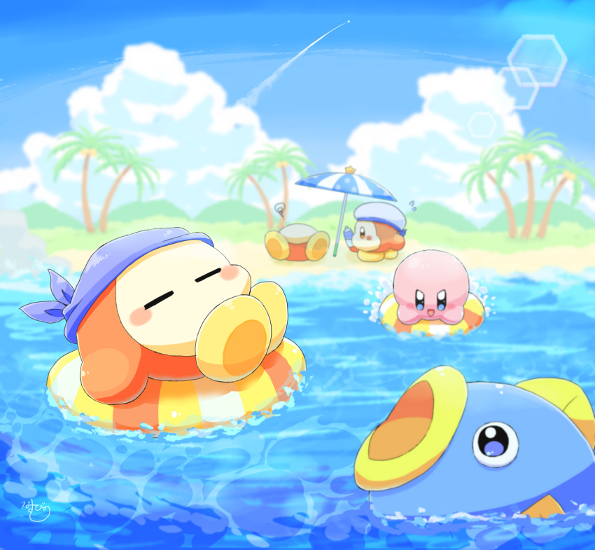 :d bandana bandana_waddle_dee beach beach_umbrella blue_bandana blue_eyes blue_sky blurry blurry_background blush blush_stickers closed_eyes clouds commentary_request contrail day fish flying_sweatdrops hat highres hill innertube kine_(kirby) kirby kirby_(series) lens_flare looking_at_another lying nasubino_(ramowarabi) no_humans on_back open_mouth outdoors palm_tree sailor_hat sailor_waddle_dee signature sky smile splashing squiggle star_(symbol) tree umbrella v-shaped_eyebrows waddle_dee water white_headwear