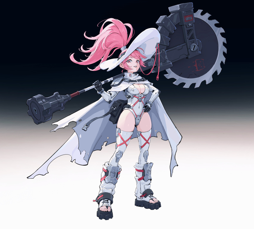 1girl absurdres black_gloves boots circular_saw fantasy gloves hand_on_hip highres holding holding_weapon huge_weapon knee_boots leotard looking_at_viewer original pink_eyes pink_hair sandals saw science_fiction smile solo tagme thigh-highs thighhighs_under_boots toeless_footwear weapon wenfei_ye white_headwear
