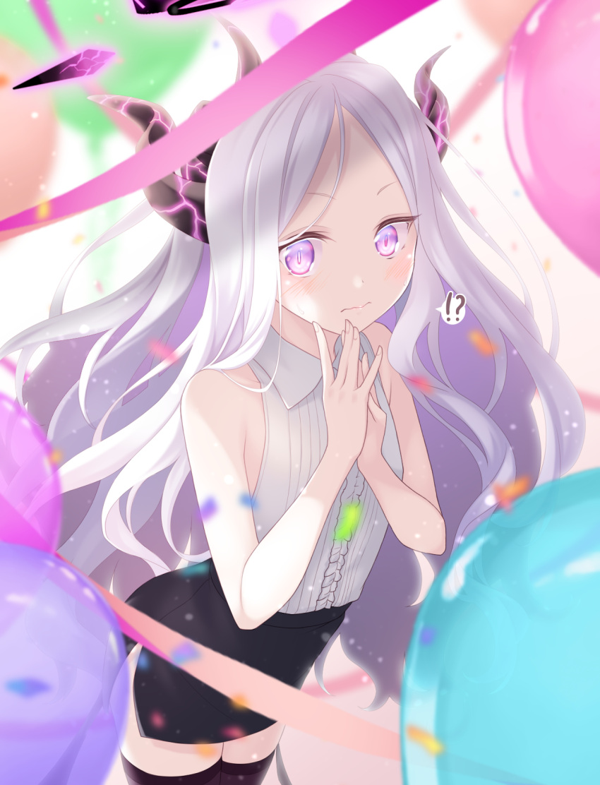 !? 1girl ahoge balloon bangs black_skirt black_thighhighs blue_archive blurry collared_shirt commentary_request confetti demon_girl demon_horns demon_wings depth_of_field forehead halo highres hina_(blue_archive) horns leaning_forward long_hair looking_at_viewer midorino_eni own_hands_together parted_bangs pencil_skirt ponytail shirt side_slit sidelocks skirt sleeveless sleeveless_shirt solo speech_bubble surprised sweatdrop thigh-highs violet_eyes white_hair white_shirt wings zettai_ryouiki