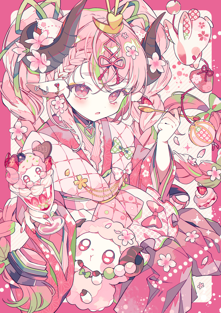1girl absurdres animal_ears cherry_blossoms cow_ears cow_girl cow_horns earrings highres hinamatsuri horns japanese_clothes jewelry kimono long_hair looking_at_viewer open_mouth original pink_eyes pink_hair pink_kimono pink_theme solo twintails yumenouchi_chiharu