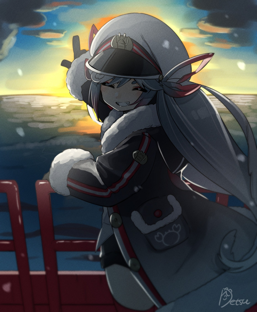 1girl backlighting black_coat black_gloves black_shorts blue_hair blurry blurry_background clouds cloudy_sky coat cowboy_shot crab_print facing_viewer film_grain foreshortening from_side fur-trimmed_coat fur_trim gloves grin hair_ribbon hamudetsu handrail hat hatsune_miku highres long_hair military military_uniform naval_uniform ocean outdoors outstretched_arm peaked_cap pointing red_ribbon ribbon shorts signature sky smile snowing solo standing sunrise twintails uniform very_long_hair vocaloid wavy_hair white_hair white_headwear yuki_miku yuki_miku_(2022)