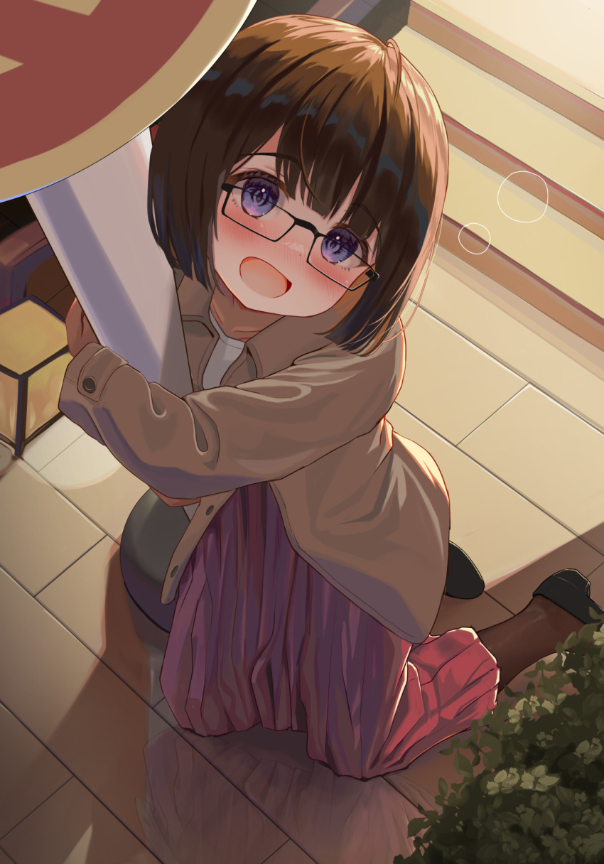 1girl :d bangs black-framed_eyewear black_footwear blue_eyes blunt_bangs bob_cut brown_hair brown_jacket brown_pantyhose coat commentary_request drunk from_above glasses highres jacket kneeling long_skirt long_sleeves looking_at_viewer looking_up mimikaki_(men_bow) object_hug on_floor open_clothes open_coat original pantyhose pleated_skirt rectangular_eyewear red_skirt reflection reflective_floor shirt shoes skirt smile solo stairs unbuttoned white_shirt wooden_floor