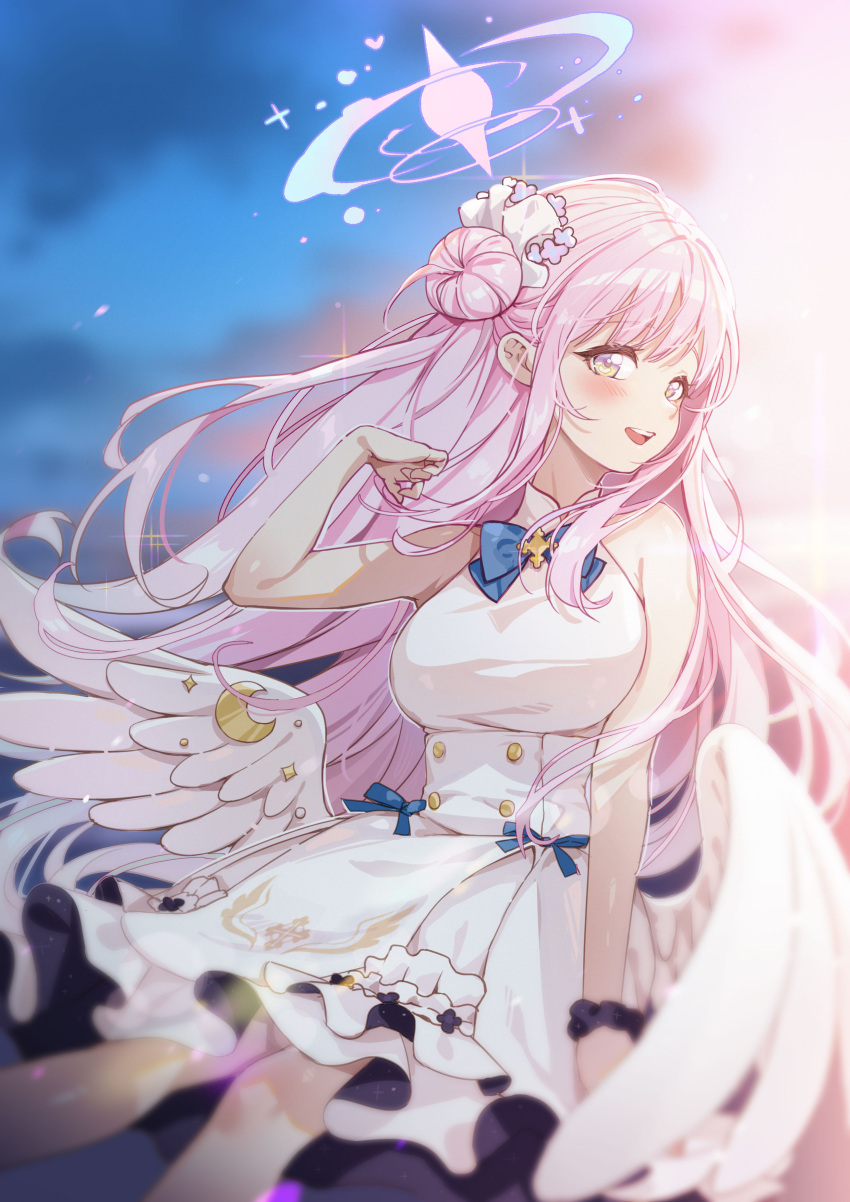 1girl :d absurdres angel_wings arm_support bangs blue_archive blunt_bangs blurry breasts clouds cloudy_sky commentary_request depth_of_field dress facing_away feathered_wings frilled_dress frills hair_bun hair_ornament halo highres large_breasts long_hair looking_at_viewer looking_to_the_side mika_(blue_archive) one_side_up picter pink_hair playing_with_own_hair school_uniform scrunchie sidelocks single_side_bun sitting sky sleeveless smile solo twilight white_dress white_wings wind wings yellow_eyes