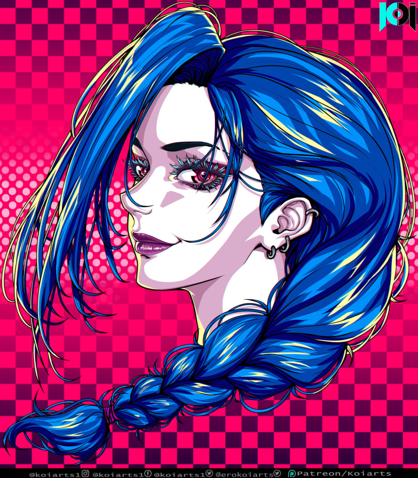 1girl absurdres artist_name asymmetrical_bangs bangs blue_hair checkered_background closed_mouth cropped_head ear_piercing earrings eyelashes highres jewelry jinx_(league_of_legends) koiarts league_of_legends long_hair pale_skin piercing pink_background pink_eyes purple_background red_lips shiny_lips smile solo