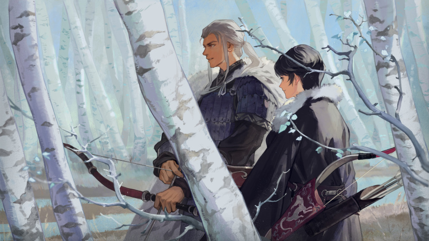 2boys armor arrow_(projectile) black_hair black_robe blurry bow_(weapon) branch chinese_clothes cowboy_shot depth_of_field forest grey_hair hanfu highres holding holding_arrow holding_bow_(weapon) holding_weapon juuni_kokuki king_tai_(juuni_kokuki) leaf long_hair long_sleeves looking_at_another looking_away male_focus multiple_boys nanjou_(sumeragimishiro) nature outdoors ponytail profile quiver red_eyes robe short_hair sidelocks smile taiki_(juuni_kokuki) weapon winter