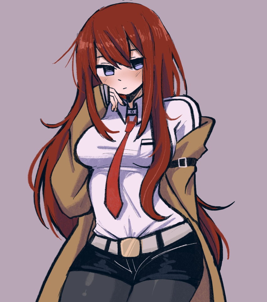 1girl :| belt black_thighhighs bow bowtie breasts brown_coat closed_mouth coat grey_background hand_on_own_face highres long_hair looking_at_viewer makise_kurisu medium_breasts megrocks open_clothes open_coat redhead shirt standing steins;gate thick_thighs thigh-highs thighs violet_eyes white_belt white_shirt