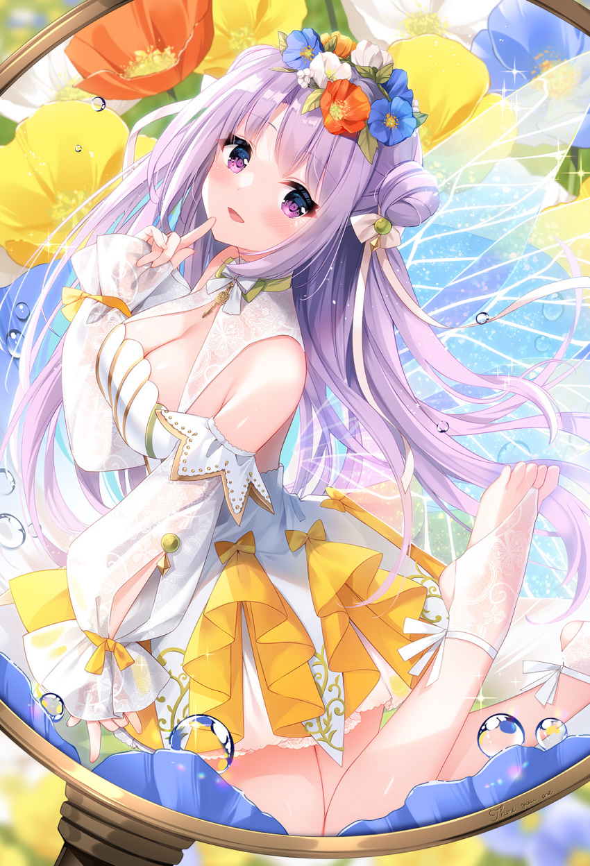 1girl \m/ bare_shoulders breasts character_request cleavage_cutout clothing_cutout detached_sleeves fairy fairy_wings finger_to_mouth flower flower_wreath glass hair_bun head_tilt highres jewelry kagachi_saku key_necklace large_breasts leg_up looking_at_viewer magnifying_glass necklace open_mouth pinching_sleeves puffy_sleeves purple_hair solo toeless_legwear transparent_wings violet_eyes water_drop wings