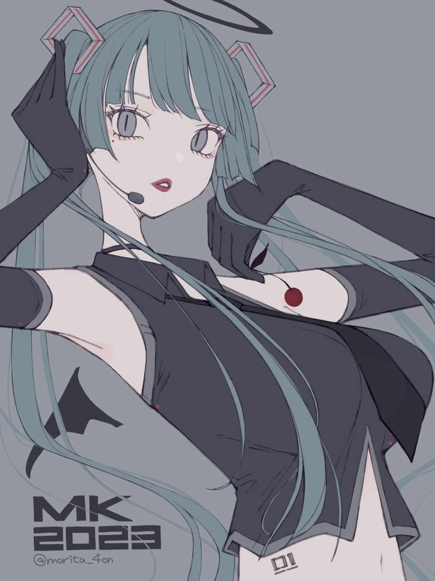 1girl bare_shoulders blue_eyes blue_hair cherry choker elbow_gloves food fruit gloves grey_background hand_in_own_hair hatsune_miku highres holding holding_food long_hair looking_at_viewer microphone midriff morita_(moritania) navel necktie parted_lips red_lips shirt simple_background sleeveless sleeveless_shirt solo tattoo twintails twitter_username upper_body very_long_hair vocaloid