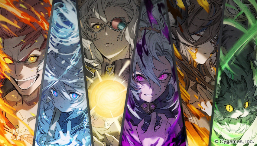 2boys 3girls animal bangs blonde_hair brown_hair cat clenched_teeth closed_eyes dark draph erune ewiyar_(granblue_fantasy) fediel_(granblue_fantasy) fire galleon_(granblue_fantasy) glasses granblue_fantasy harvin horns light long_hair lu_woh_(granblue_fantasy) multiple_boys multiple_girls official_art open_mouth redhead symbol-shaped_pupils teeth upper_body wamdus_(granblue_fantasy) water white_hair wilnas_(granblue_fantasy) wind