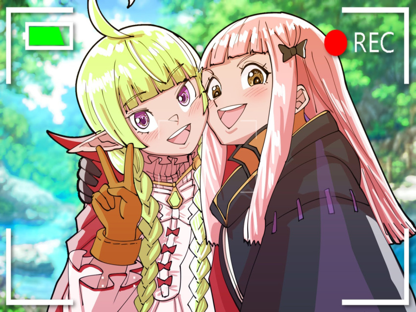 2girls :d ahoge bangs battery_indicator black_bow black_gloves blunt_bangs blurry blurry_background bow braid brown_eyes cheek-to-cheek cheek_press english_commentary fire_emblem fire_emblem_awakening gloves hair_bow hand_up heads_together light_green_hair long_hair mnejing30 multiple_girls nah_(fire_emblem) open_mouth orange_gloves pink_hair pointy_ears recording robin_(female)_(fire_emblem) robin_(fire_emblem) smile teeth twin_braids upper_teeth_only v violet_eyes