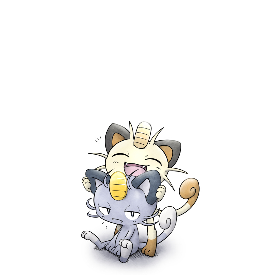 :3 :d ^_^ alolan_meowth blush closed_eyes closed_mouth commentary_request fangs fangs_out flying_sweatdrops frown highres kashiwa_(3920kashiwa) looking_at_viewer meowth no_humans notice_lines open_mouth pokemon pokemon_(creature) shadow simple_background sitting smile standing whiskers white_background