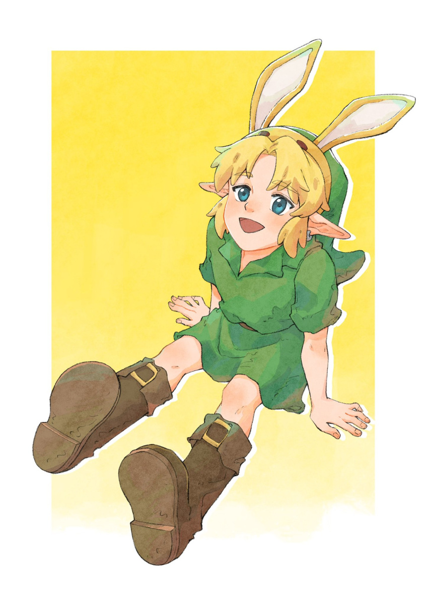 1boy :d animal_ears bangs blush boots brown_footwear earrings fake_animal_ears green_eyes green_headwear green_tunic highres jewelry knee_boots link male_focus open_mouth outline pointy_ears short_sleeves sitting smile the_legend_of_zelda the_legend_of_zelda:_majora's_mask white_outline yangyaozigo yellow_background
