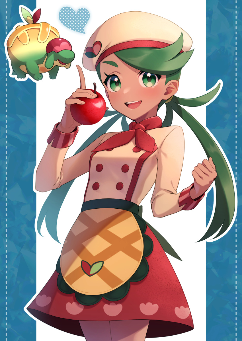 1girl :d apple appletun apron bangs beret buttons clenched_hand commentary_request double-breasted food fruit green_eyes green_hair hat highres holding holding_food holding_fruit long_hair long_sleeves maki_(letusgomaki) mallow_(palentine's_2023)_(pokemon) mallow_(pokemon) neckerchief official_alternate_costume open_mouth pokemon pokemon_(game) pokemon_masters_ex red_neckerchief red_skirt shirt skirt smile swept_bangs teeth tongue twintails upper_teeth_only waist_apron yellow_apron
