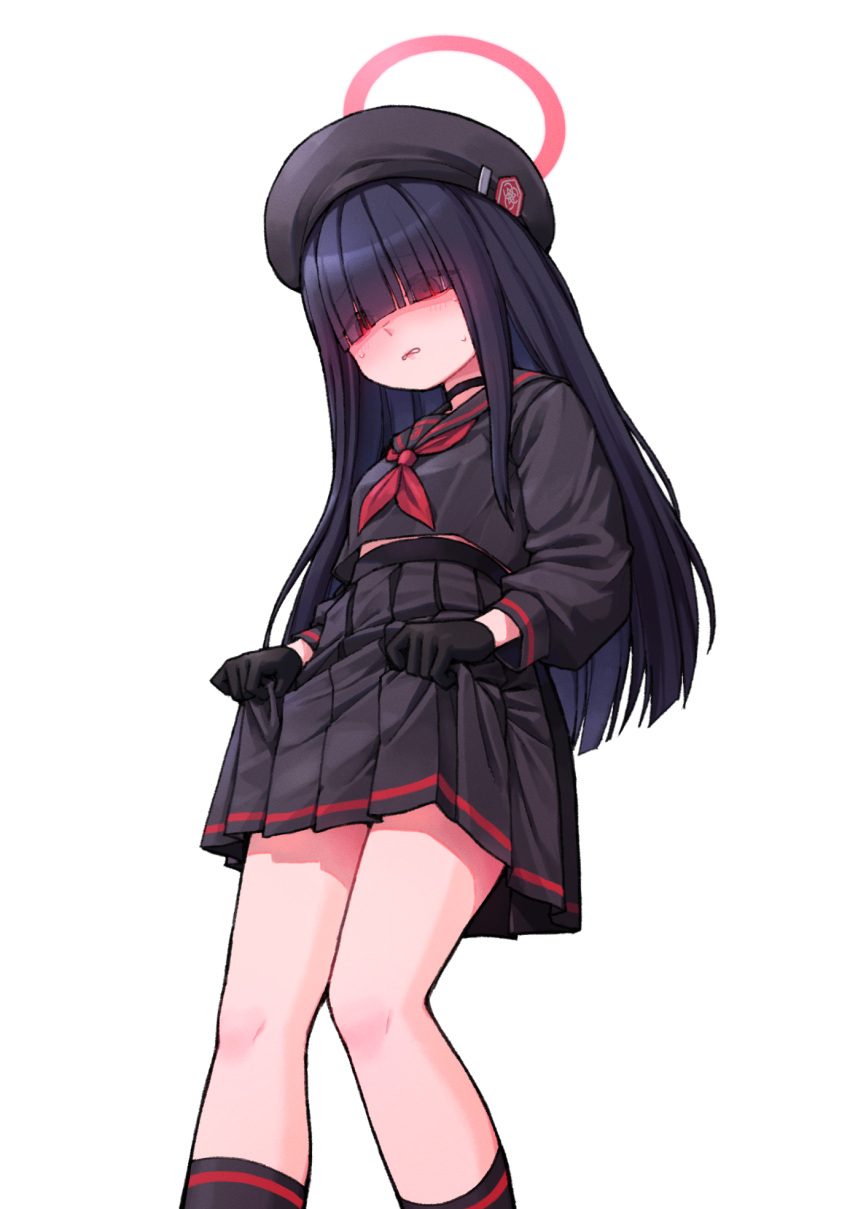 1girl bangs bare_legs beret black_choker black_gloves black_headwear black_sailor_collar black_serafuku black_shirt black_skirt black_socks blue_archive blunt_bangs blush choker chuo8008 clothes_lift commentary_request dutch_angle eyes_visible_through_hair gloves grimace hair_over_eyes halo hat highres hime_cut justice_committee_club_member_(blue_archive) kneehighs lifted_by_self long_hair long_sleeves looking_at_viewer neckerchief pleated_skirt red_eyes red_neckerchief sailor_collar school_hat school_uniform serafuku shirt sidelocks simple_background skirt skirt_lift socks solo standing straight_hair sweat sweatdrop white_background