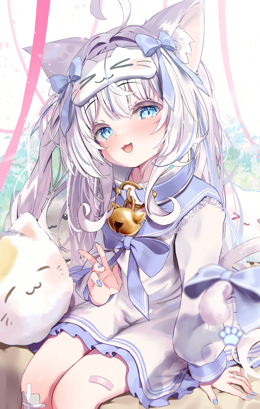 1girl :3 :d absurdres animal_ears bandaid bandaid_on_knee bandaid_on_leg blue_eyes blue_nails blue_sailor_collar cat_ears cat_girl cat_tail commission dress frilled_dress frills hair_ribbon highres long_hair long_sleeves looking_at_viewer nyahu_(nyahu_77) ribbon sailor_collar sailor_dress sitting skeb_commission sleep_mask smile stuffed_animal stuffed_cat stuffed_toy tail vrchat w white_dress white_hair