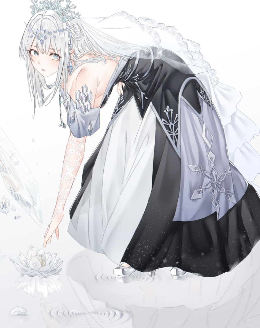 1girl bangs bare_shoulders bent_over breasts dress duel_monster flower grey_eyes grey_hair high_heels highres large_breasts long_hair looking_at_viewer nakagawa_kanon_(pixiv32798535) parted_lips reaching ripples short_sleeves solo teardrop_the_rikka_queen veil white_flower yu-gi-oh!