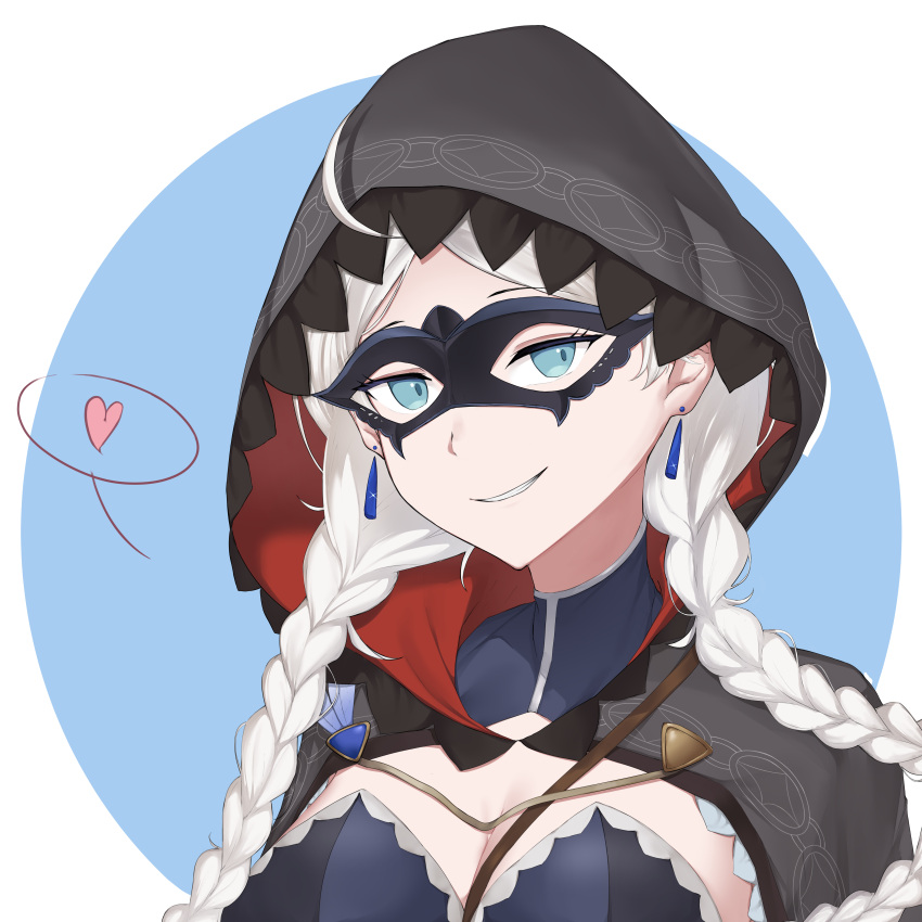 absurdres ahoge archfiend0 bangs blue_bodysuit blue_brooch blue_eyes bodysuit braid breasts cape chain commission commissioner_upload crystal_earrings earrings eye_mask fire_emblem fire_emblem_fates fire_emblem_heroes gold_chain heart highres hood hood_up hooded_cape jewelry leather long_hair looking_at_viewer low_twin_braids medium_breasts nina_(fire_emblem) nina_(thief)_(fire_emblem) non-web_source official_alternate_costume parted_bangs portrait skin_tight smile speech_bubble turtleneck twin_braids white_background