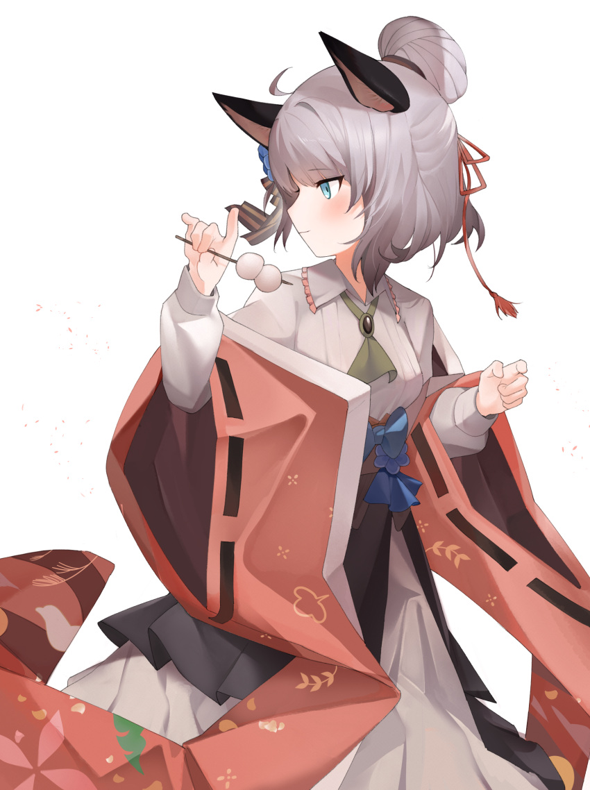 1girl ahoge animal_ears arknights blue_bow blue_eyes blush bow closed_mouth collared_dress commentary_request dango dress food grey_hair hair_bun hair_ribbon hand_up highres holding holding_food korean_commentary long_sleeves looking_away looking_to_the_side mint_(arknights) mint_(tsukiyoi)_(arknights) puffy_long_sleeves puffy_sleeves red_ribbon ribbon ribbon-trimmed_sleeves ribbon_trim simple_background soda_(sod4) solo wagashi white_background white_dress wide_sleeves