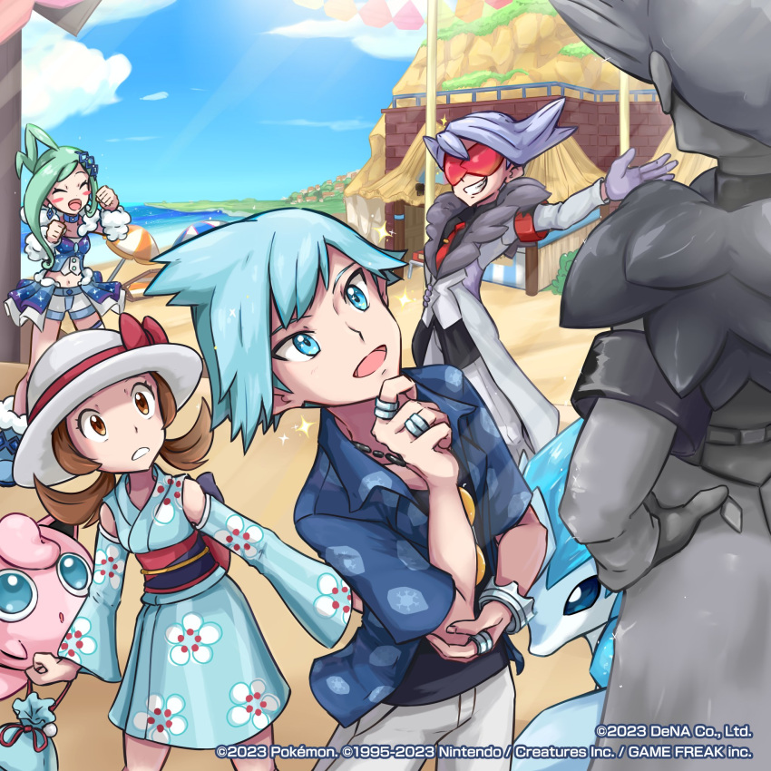 2boys 2girls alolan_sandslash artist_request bangs beach black_shirt blush_stickers bow closed_eyes clouds coat commentary day detached_sleeves eyelashes eyewear_hang eyewear_removed gloves green_hair grin hand_up hat hat_bow highres japanese_clothes jewelry jigglypuff kimono lear_(pokemon) lisia_(pokemon) lyra_(pokemon) lyra_(summer_2020)_(pokemon) multiple_boys multiple_girls necktie official_alternate_costume official_art open_mouth outdoors pants pokemon pokemon_(creature) pokemon_(game) pokemon_masters_ex pokemon_oras red_bow red_necktie ring sand shirt short_hair sky smile standing statue steven_stone steven_stone_(summer_2020) sunglasses teeth tongue undershirt watermark white_headwear