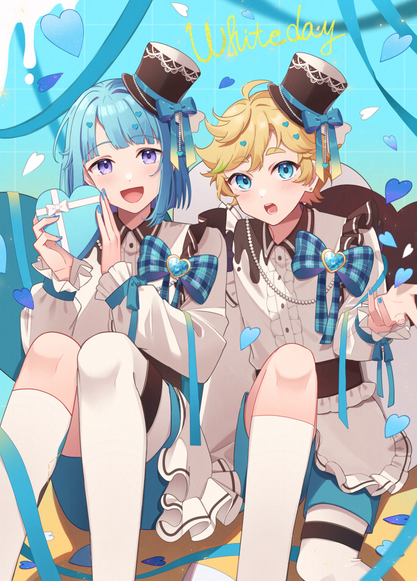 2boys :d :o absurdres ahoge androgynous apron bangs beads blonde_hair blue_background blue_bow blue_eyes blue_hair blue_nails blue_ribbon blue_shorts blunt_bangs blush bow box brown_headwear buttons center_frills collared_shirt commentary english_commentary ensemble_stars! feet_out_of_frame fingernails frilled_apron frilled_sleeves frills gem green_hair hands_up harukawa_sora hat hat_bow heart heart-shaped_box heart-shaped_gem highres holding idol_clothes kneehighs knees_up light_blue_hair long_sleeves looking_at_viewer male_focus mini_hat mini_top_hat multicolored_hair multiple_boys nail_polish open_mouth parted_bangs petals plaid plaid_bow ribbon shino_(sinotaro_) shino_hajime shirt short_hair short_shorts shorts sidelocks single_kneehigh single_sock single_thighhigh sitting smile socks streaked_hair swept_bangs teeth thick_eyebrows thigh-highs tilted_headwear top_hat violet_eyes waist_apron white_apron white_day white_shirt white_socks white_thighhighs wing_collar