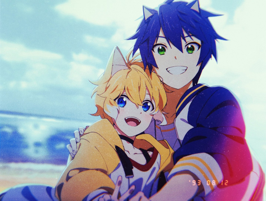 2boys animal_ears bangs banri_0917 beach blonde_hair blue_eyes blue_hair blue_jacket blurry blurry_background blush child fox_boy fox_ears green_eyes grin hair_between_eyes hand_on_another's_shoulder humanization jacket long_sleeves looking_at_viewer male_child male_focus multiple_boys open_clothes open_jacket open_mouth shirt short_hair smile sonic_(series) sonic_the_hedgehog tails_(sonic) upper_body v white_shirt yellow_jacket
